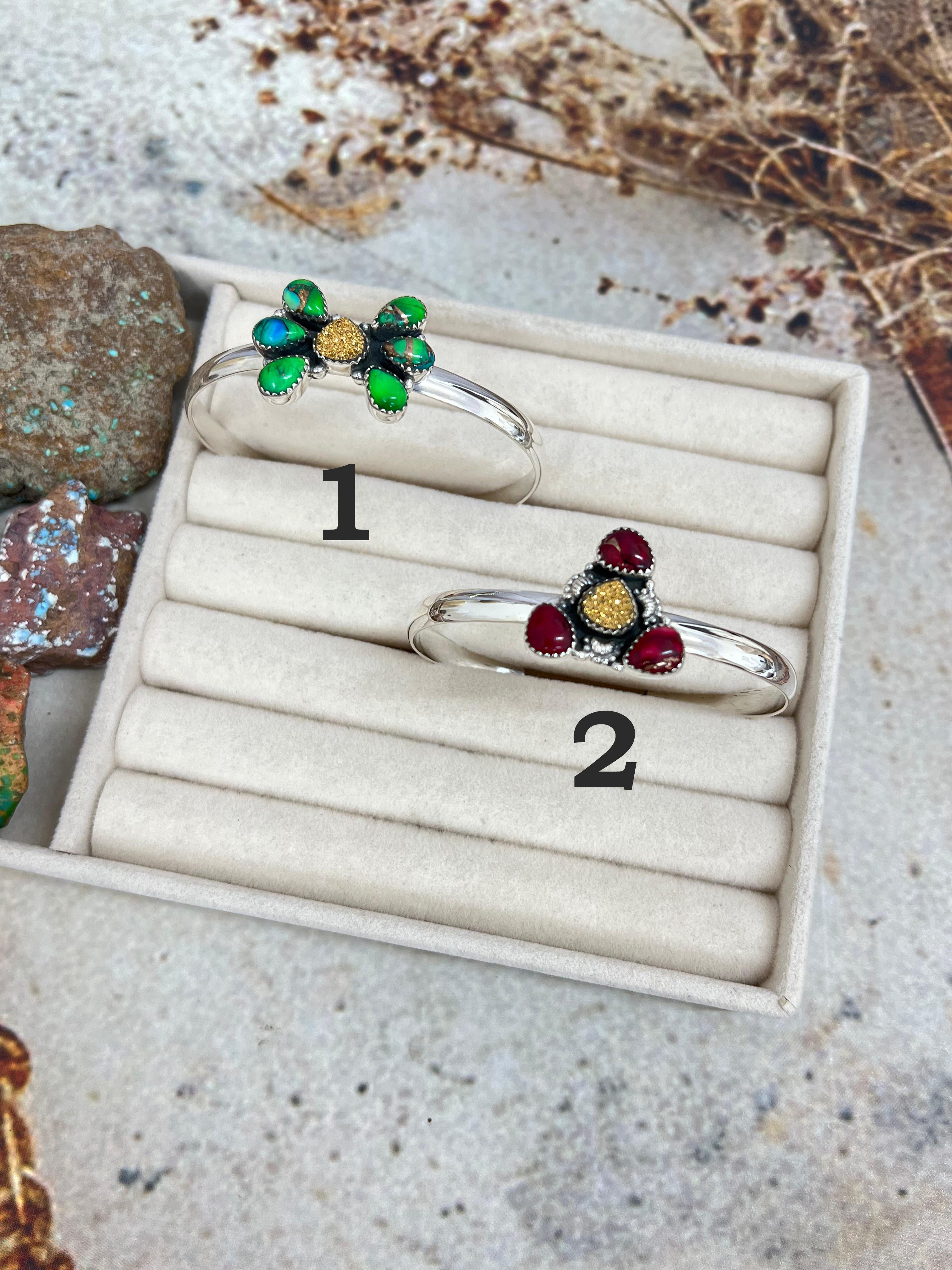 Handmade Sterling Silver Peacock Dahlia with Druzy, Dahlia Rose with Druzy Cuff Bracelet, Signed Nizhoni