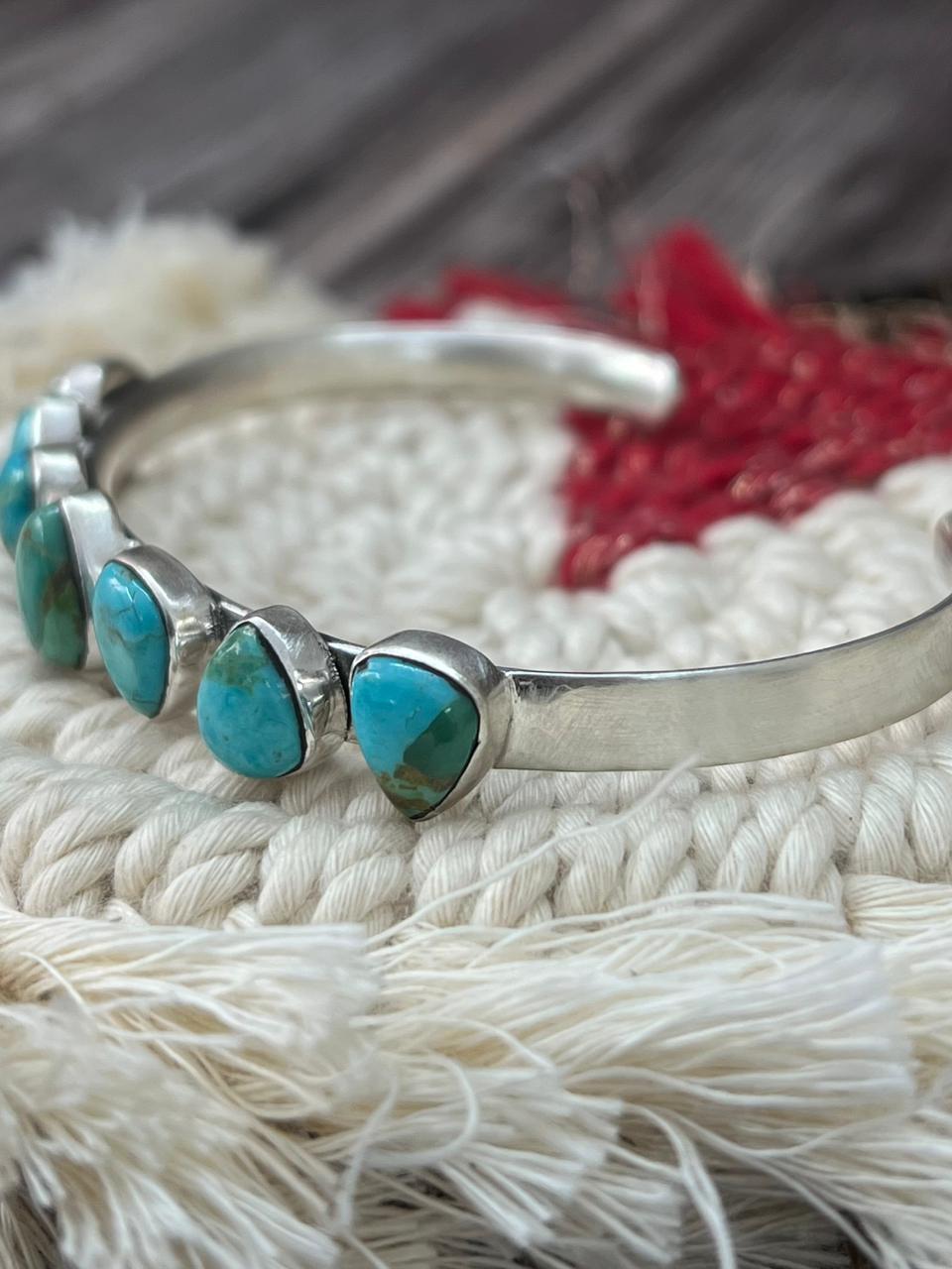 Handmade Sterling Silver Kingman Turquoise Cuff Bracelet "Signed Nizhoni"
