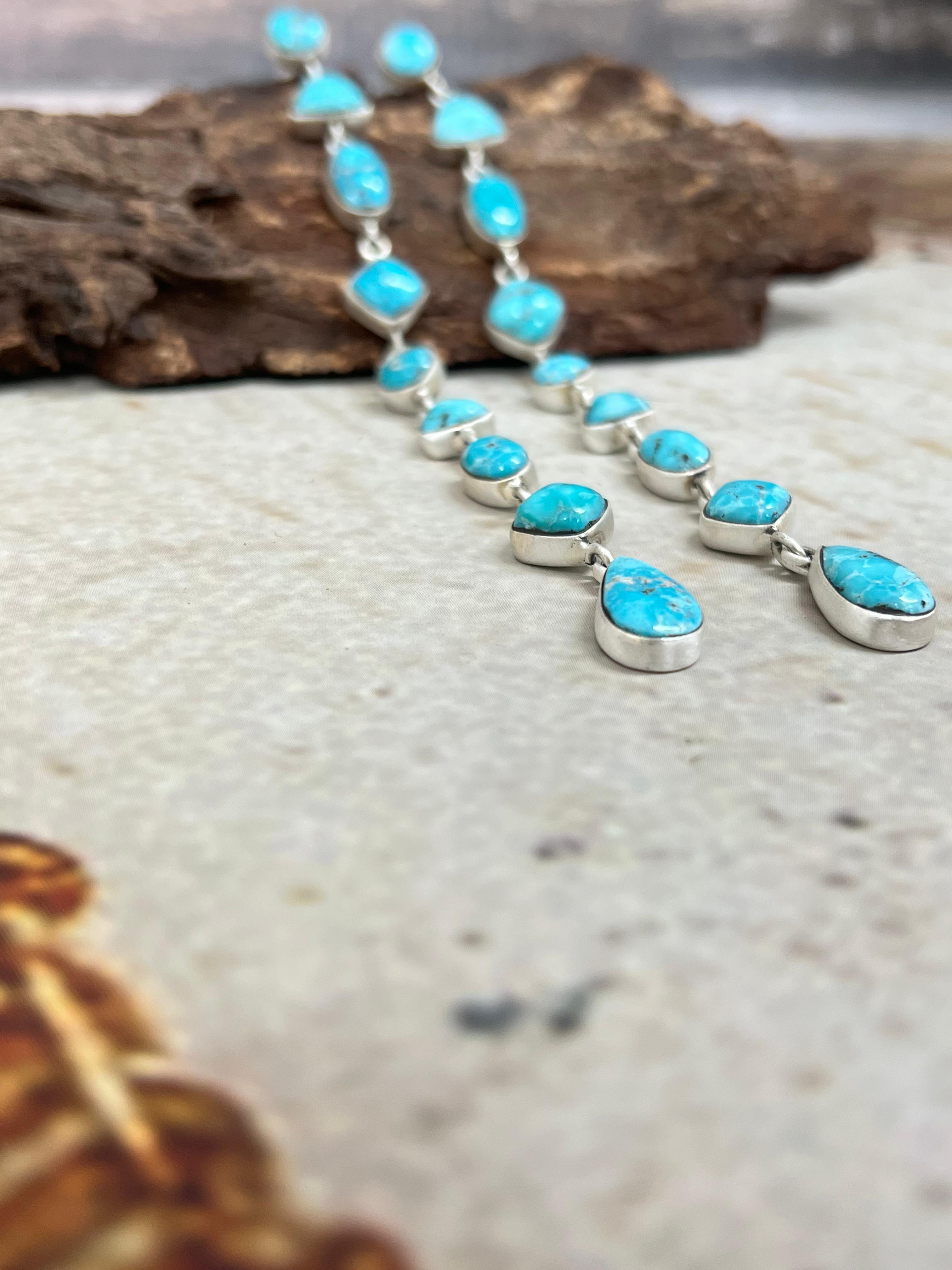 Handmade Sterling Silver White Water Turquoise Dangle Earrings Signed Nizhoni