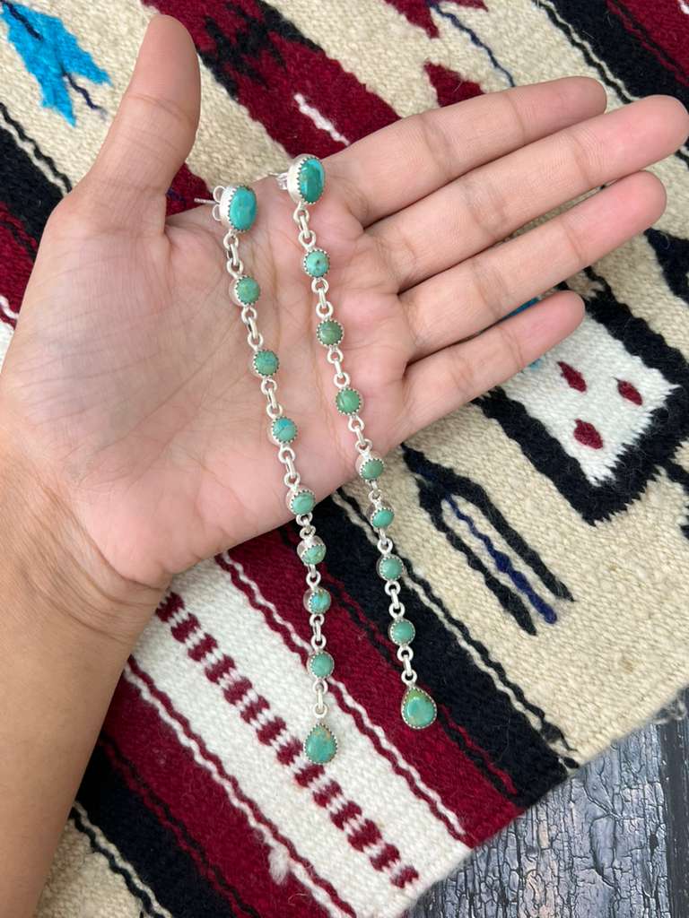 Handmade Sterling Silver Kingman Turquoise Post Dangle Earrings with Signed Nizhoni