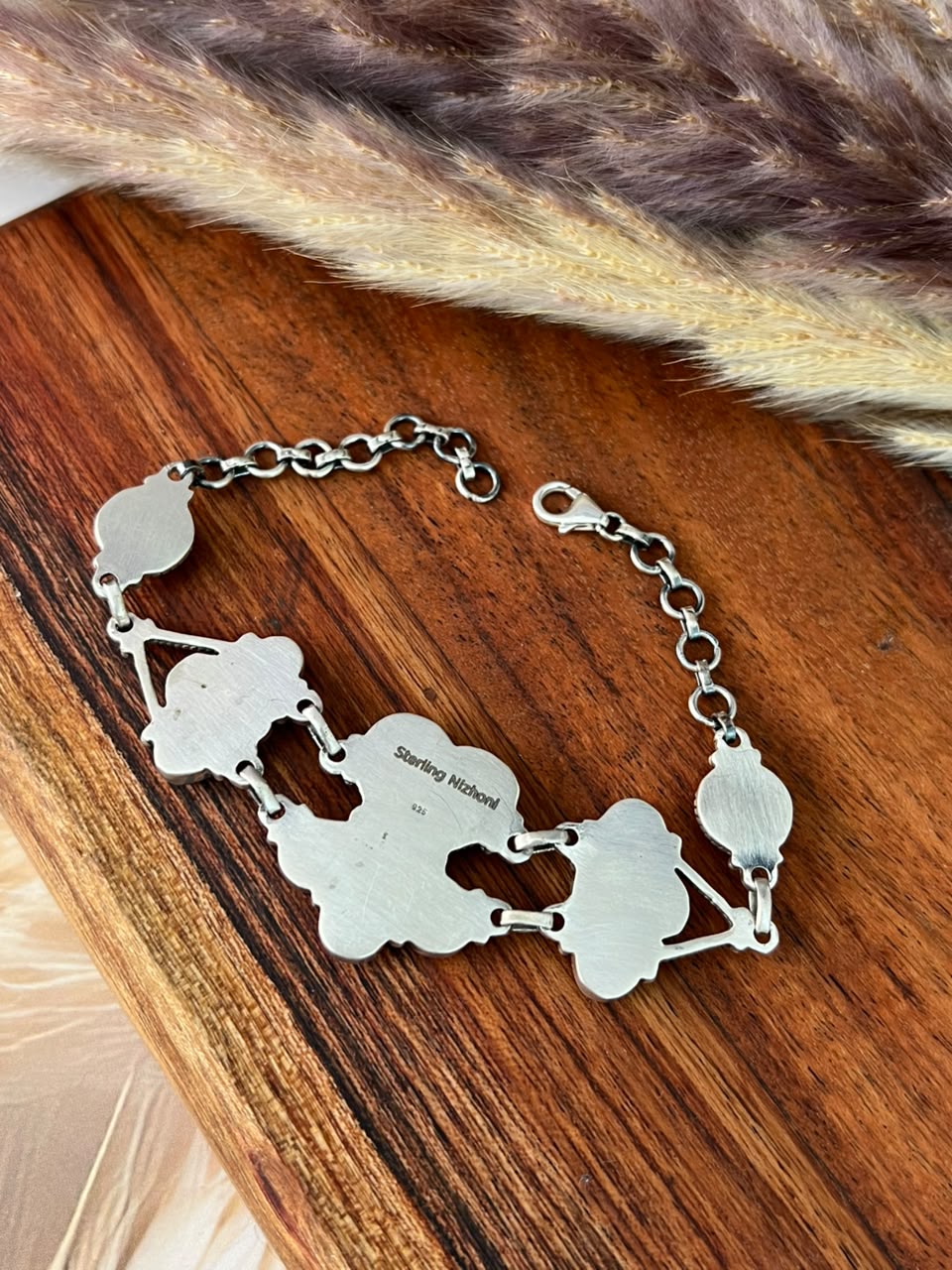 Handmade Sterling Silver Blackjack Turquoise Chain Bracelet Signed Nizhoni