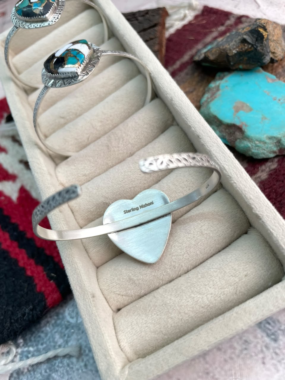 Handmade Sterling Silver Kingman with White Buffalo Turquoise Heart Cuff Bracelet Signed Nizhoni