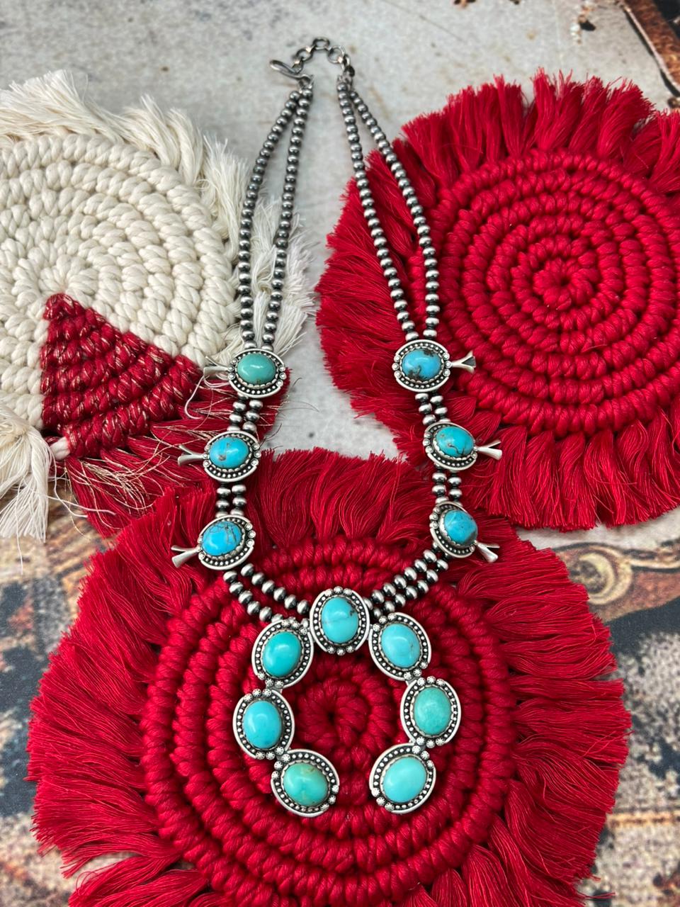 Handmade Sterling Silver Kingman Turquoise Squash Blossom Beaded Necklace "Signed Nizhoni"