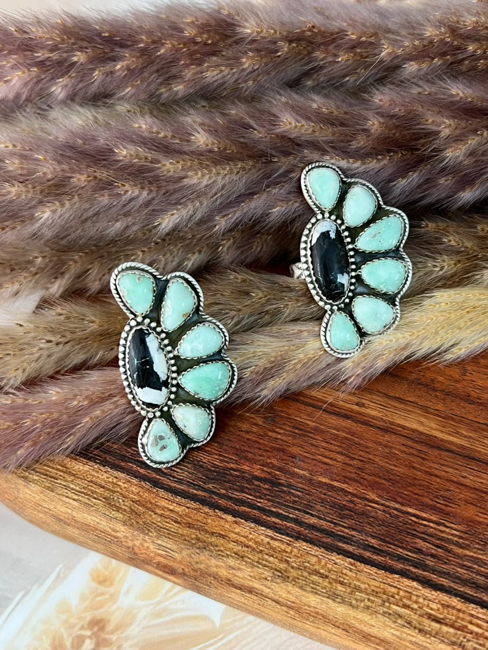 Handmade Sterling Silver Paloma Turquoise with White Buffalo Adjustable Ring Signed Nizhoni (8)