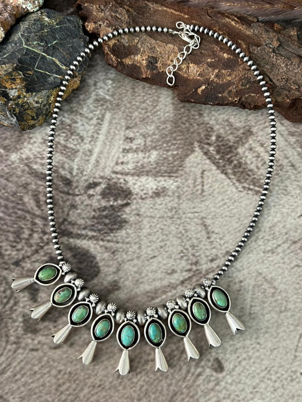 Handmade Sterling Silver Kingman Turquoise Beaded Necklace "Signed Nizhoni"