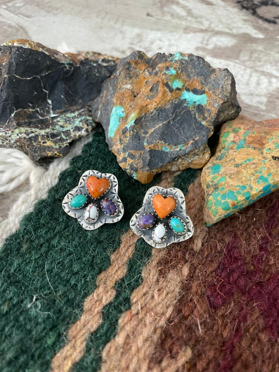Handmade Sterling Silver Multi Stone Post Stud Earrings "Signed Nizhoni"