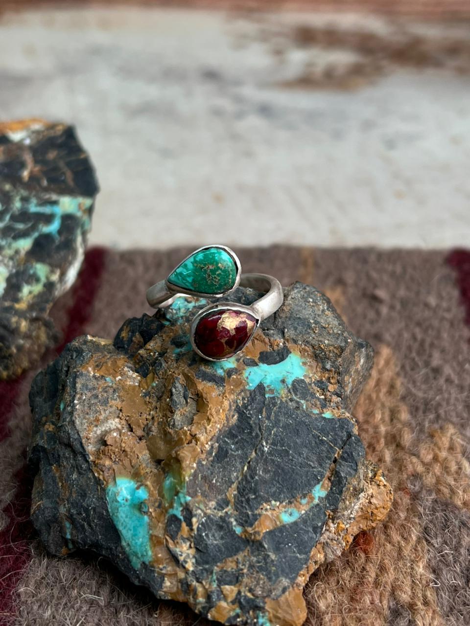 Handmade Sterling Silver Dahlia Rose With Emerald Valley Turquoise Ring "Signed Nizhoni"