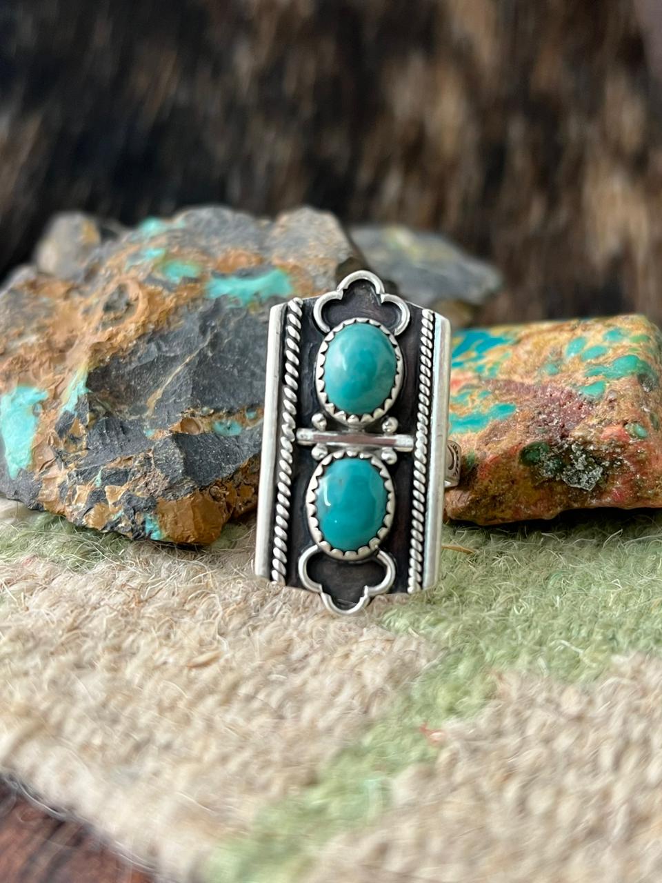 Handmade Sterling Silver Tibetan Turquoise Adjustable Ring "Signed Nizhoni"