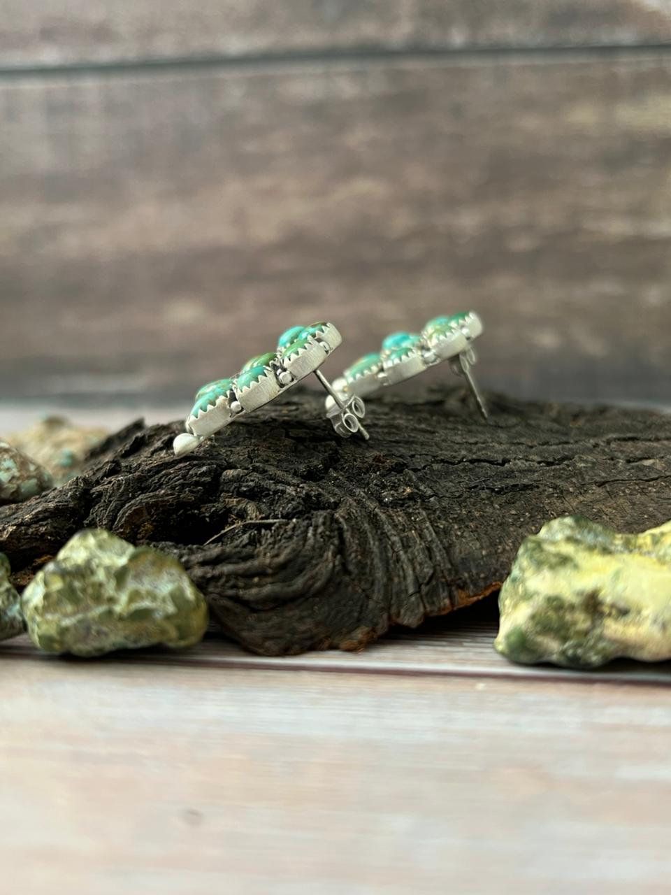 Handmade Sterling Silver Kingman Turquoise Post Studs with Signed Nizhoni