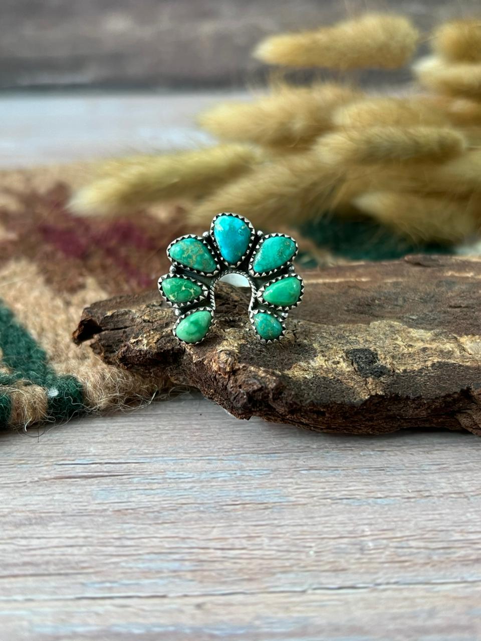 Handmade Sterling Silver Emerald Valley Turquoise Adjustable Ring "Signed Nizhoni"