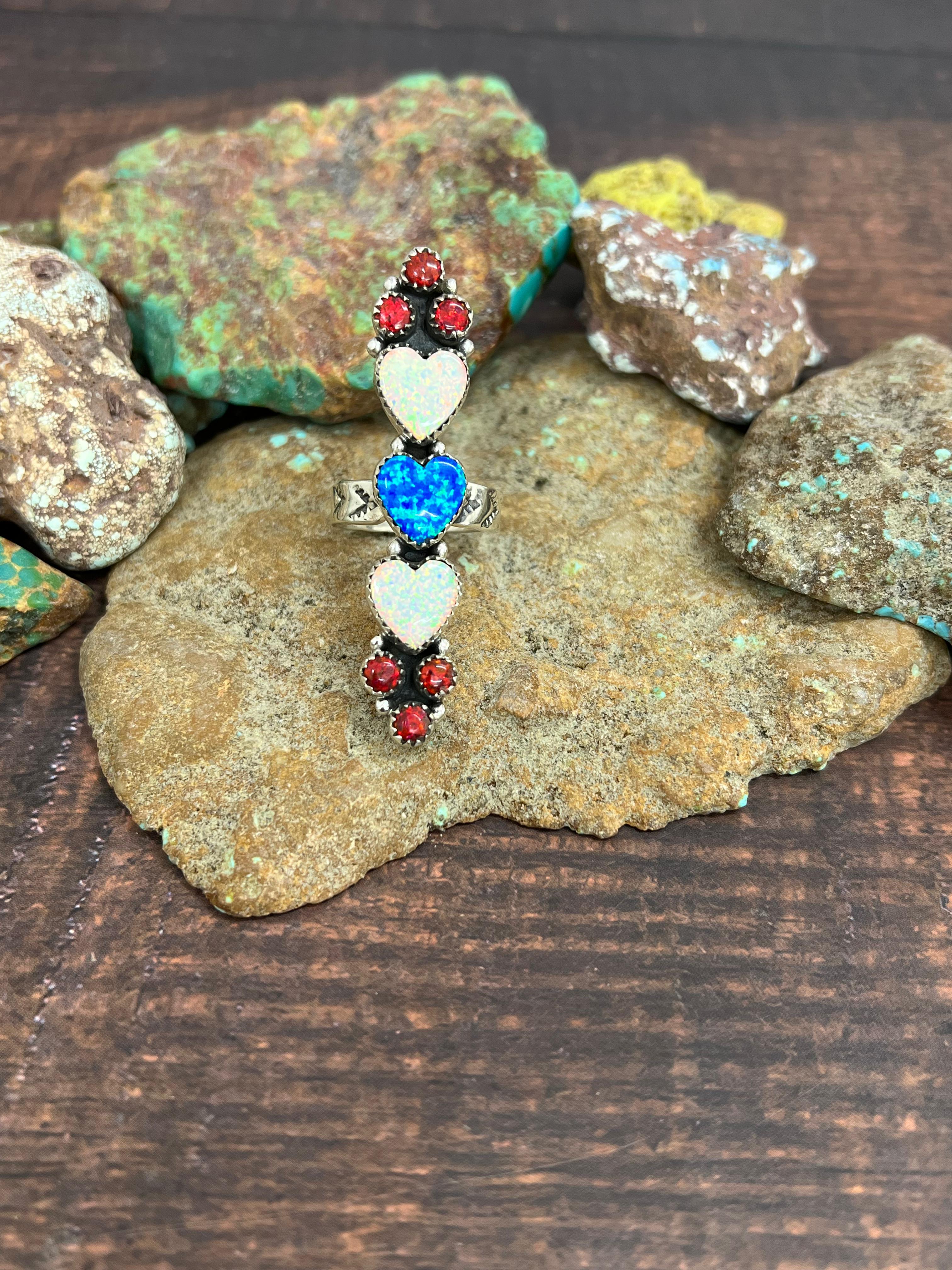 ** 4TH OF JULY ** Handmade Sterling Silver Synthetic Opal Adjustable Ring with Signed Nizhoni