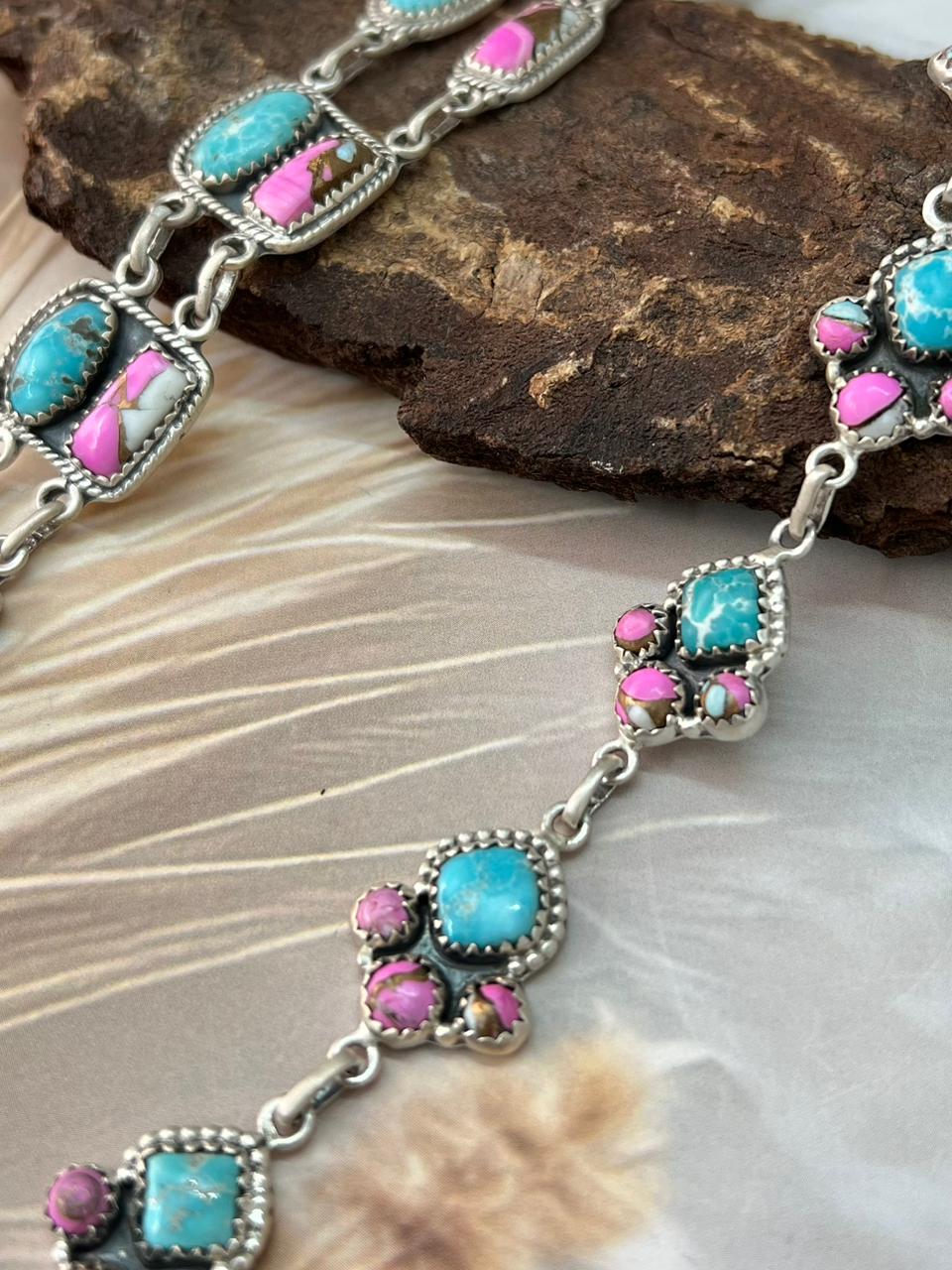 Handmade Sterling Silver White Water Turquoise with Cotton Candy Necklace "Signed Nizhoni"