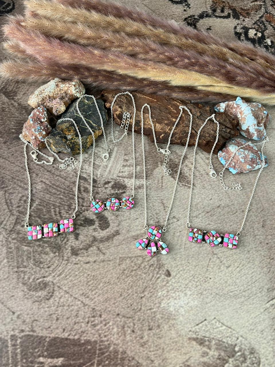 Handmade Sterling Silver Cotton Candy Cobble Stone Necklace "Signed Nizhoni"