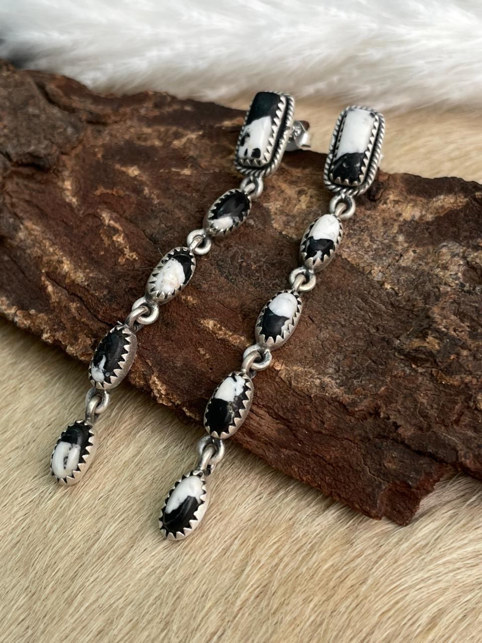 Handmade Sterling Silver White Buffalo Post Dangle Earrings "Signed Nizhoni"