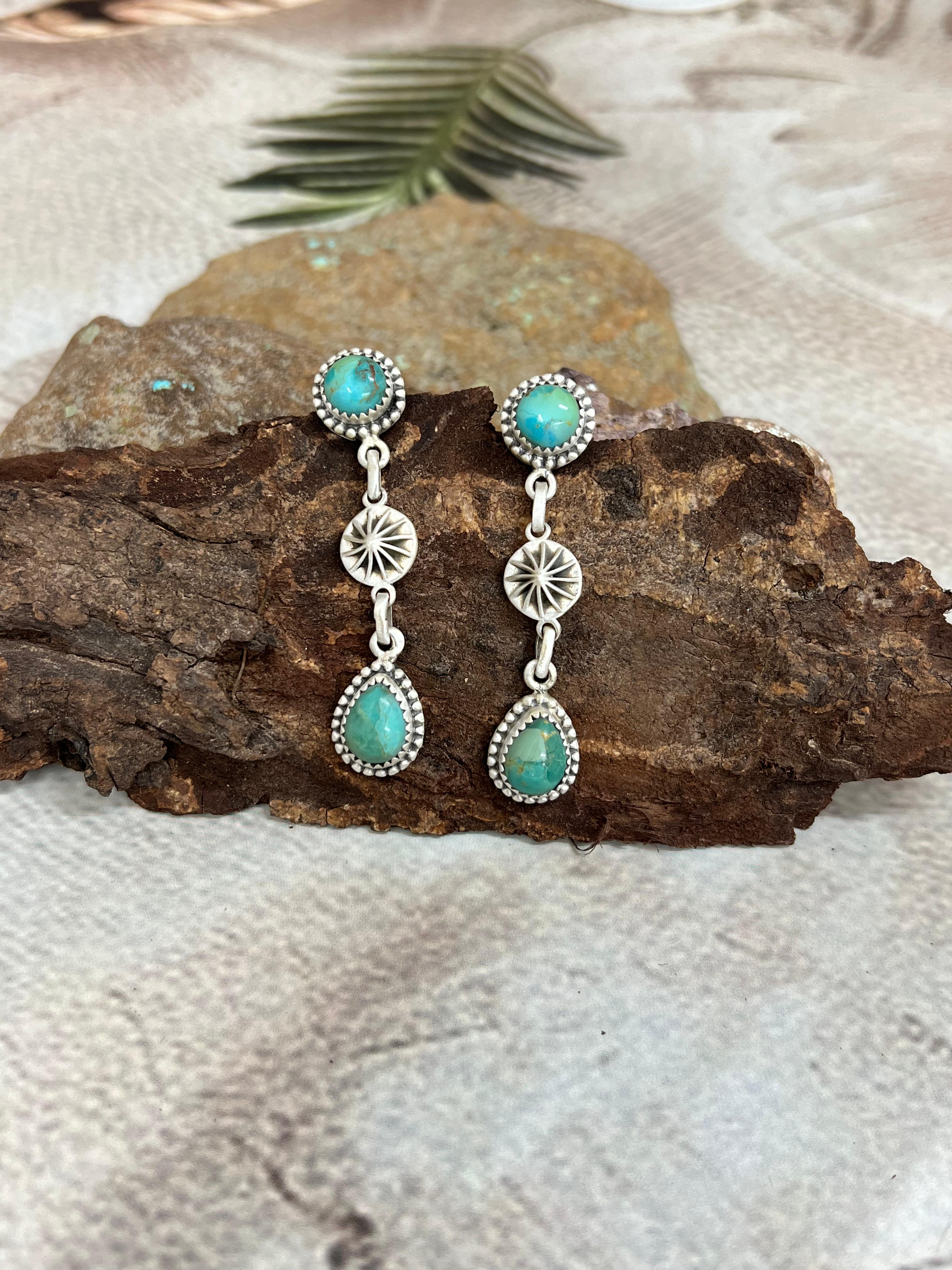 Handmade Sterling Silver Kingman Turquoise Post Dangle Earrings with Signed Nizhoni