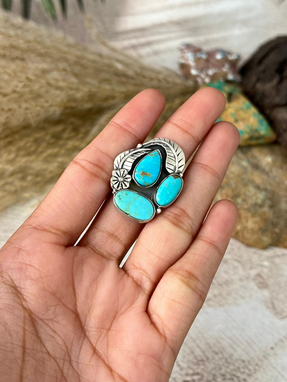 Handmade Sterling Silver Santa Maria Turquoise Adjustable Ring "Signed Nizhoni"