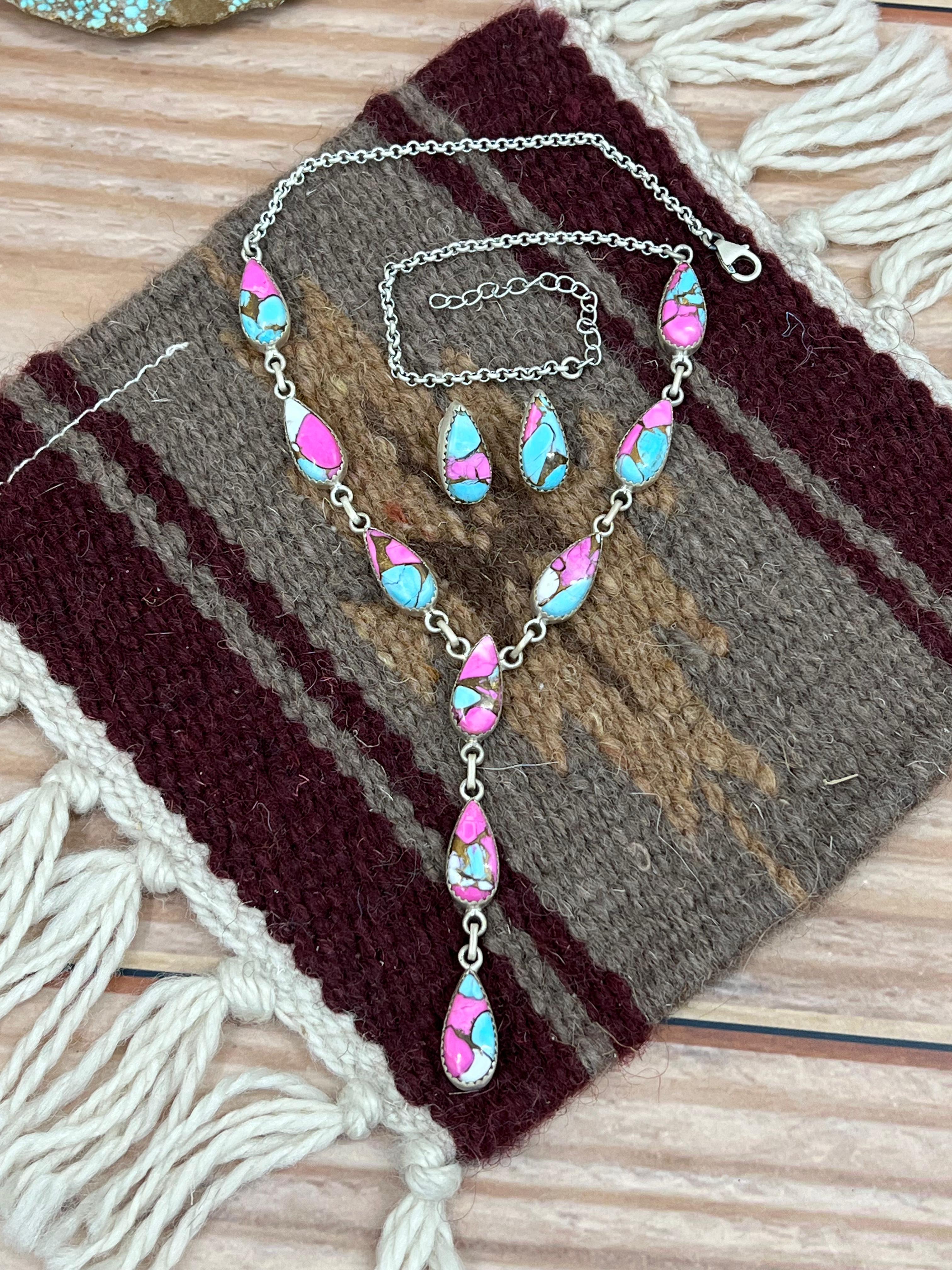 Handmade Sterling Silver Cotton Candy Turquoise Necklace Earrings Set, Signed Nizhoni