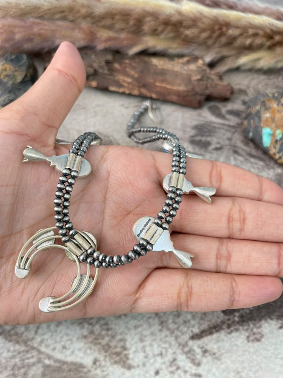 Handmade Sterling Silver Golden Hills with Sonoran Mountain Turquoise Beaded Squash Blossom Naja Necklace Signed Nizhoni