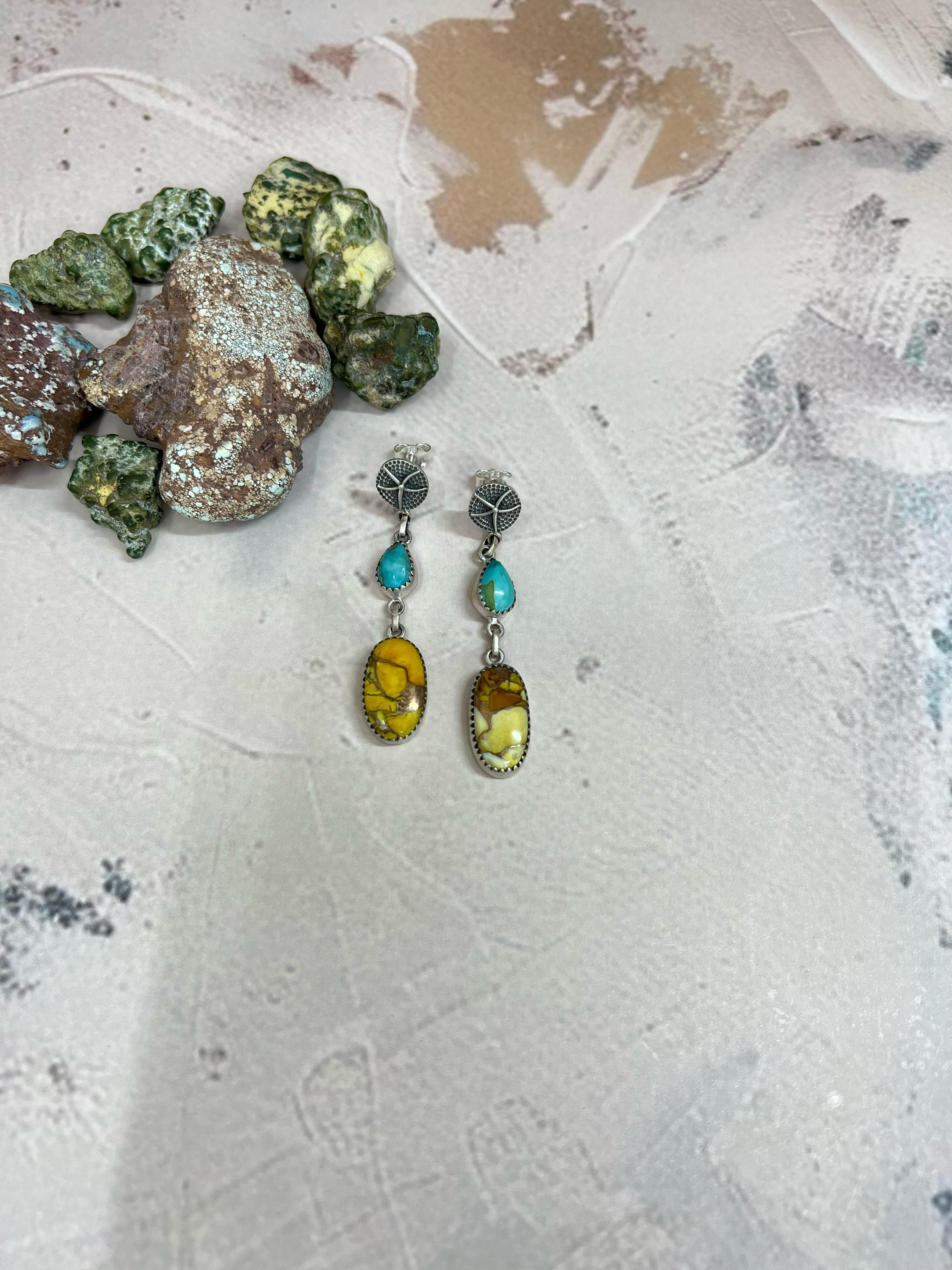 Handmade Sterling Silver Honey Dahlia with South Hill Turquoise Post Earrings, Signed Nizhoni