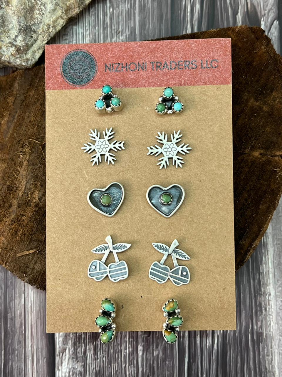 Handmade Sterling Silver Kingman Turquoise Post Studs Earrings Set