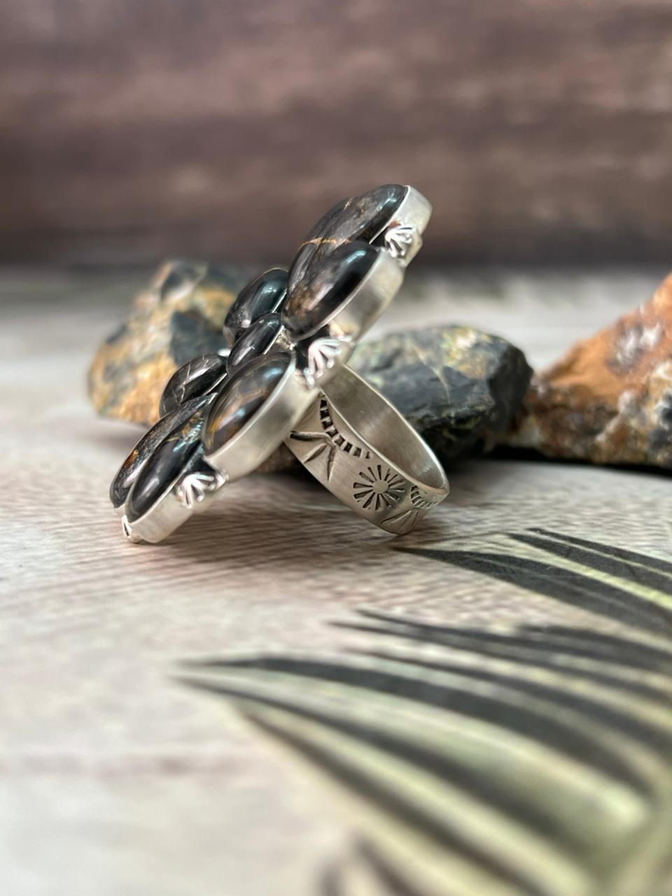 Handmade Sterling Silver Blackjack Turquoise Adjustable Ring " Signed Nizhoni"