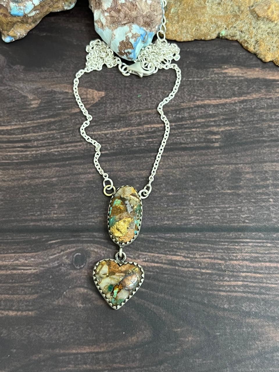 Handmade Sterling Silver Ribbon Royston Heart Necklace with Signed Nizhoni