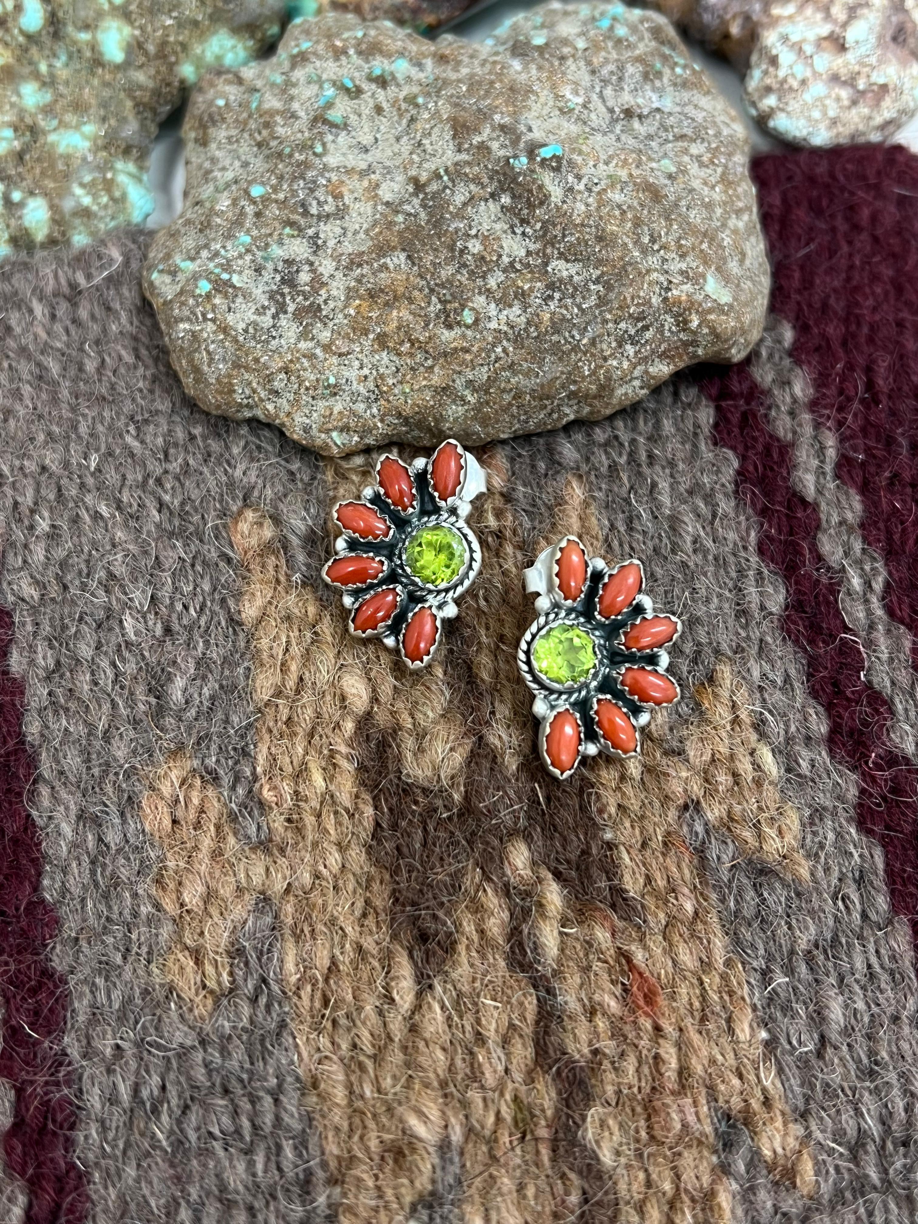 Christmas Collection Handmade Sterling Silver Coral with Peridot Post Studs, Signed Nizhoni