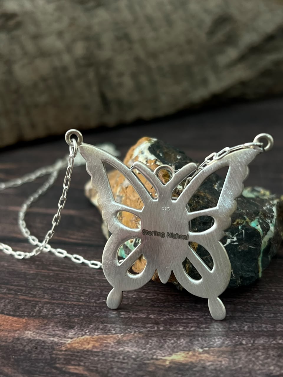 Handmade Sterling Silver Kingman Turquoise Butterfly Necklace Signed Nizhoni
