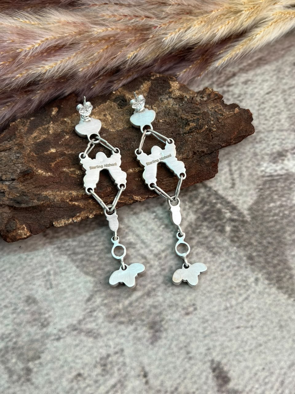 Handmade Sterling Silver Kingman Turquoise Post Dangle Earrings Signed Nizhoni