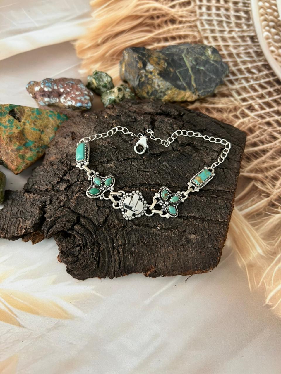 Handmade Sterling Silver Kingman Turquoise with White Buffalo Chain Bracelet "Signed Nizhoni"