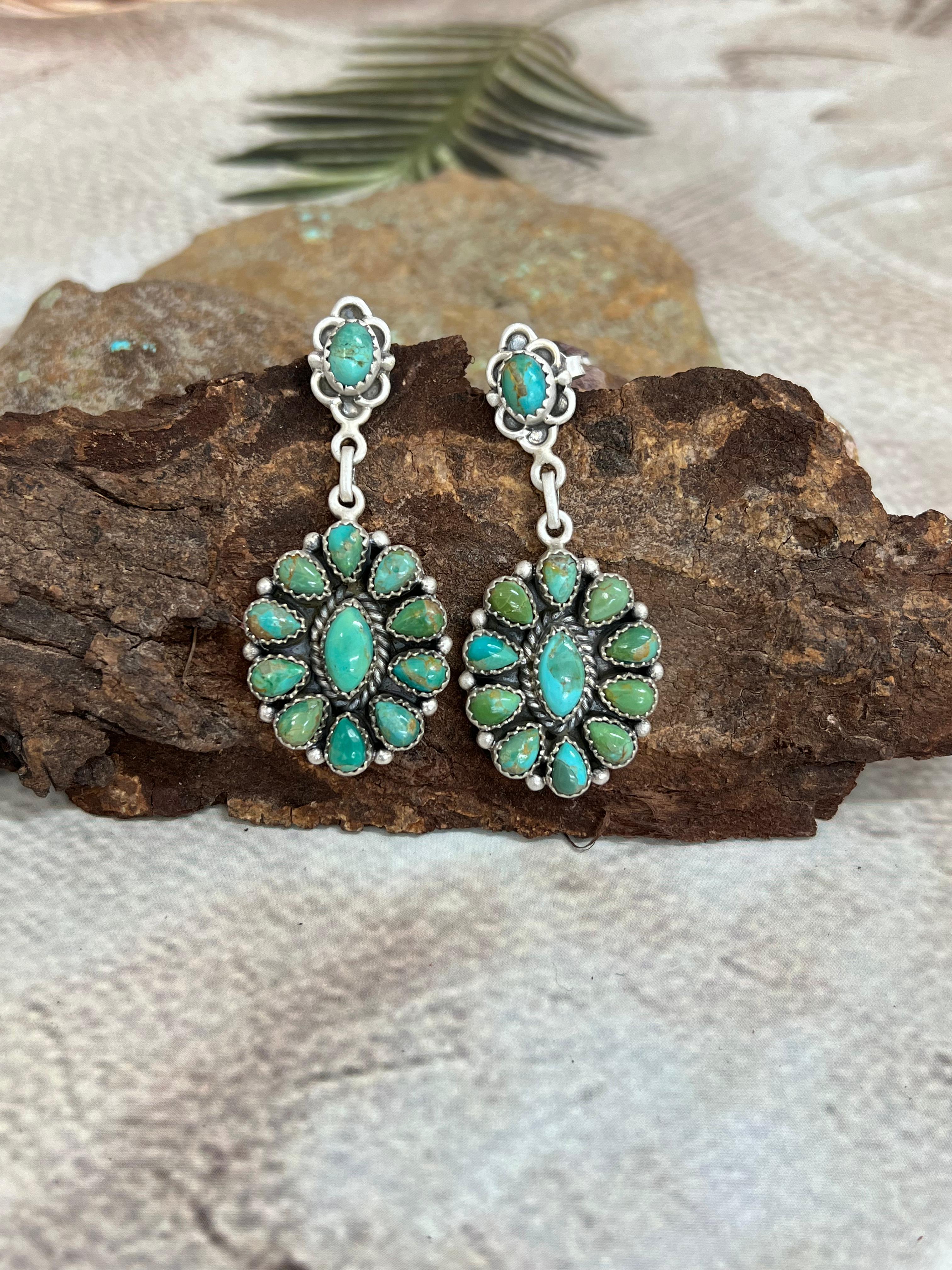 Handmade Sterling Silver Kingman Turquoise Post Dangle Earrings with Signed Nizhoni