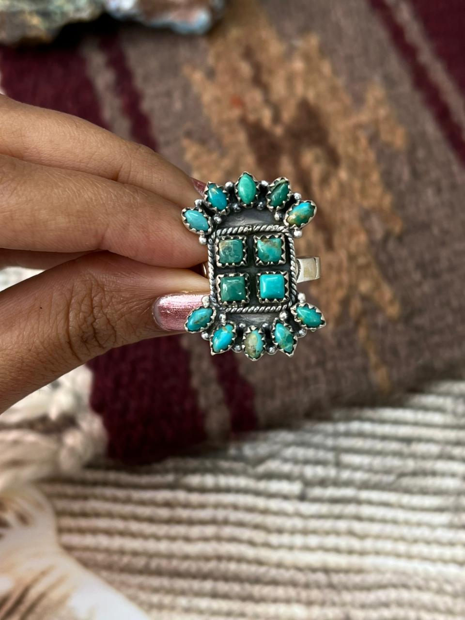 Handmade Sterling Silver Kingman Turquoise Adjustable Ring "Signed Nizhoni"