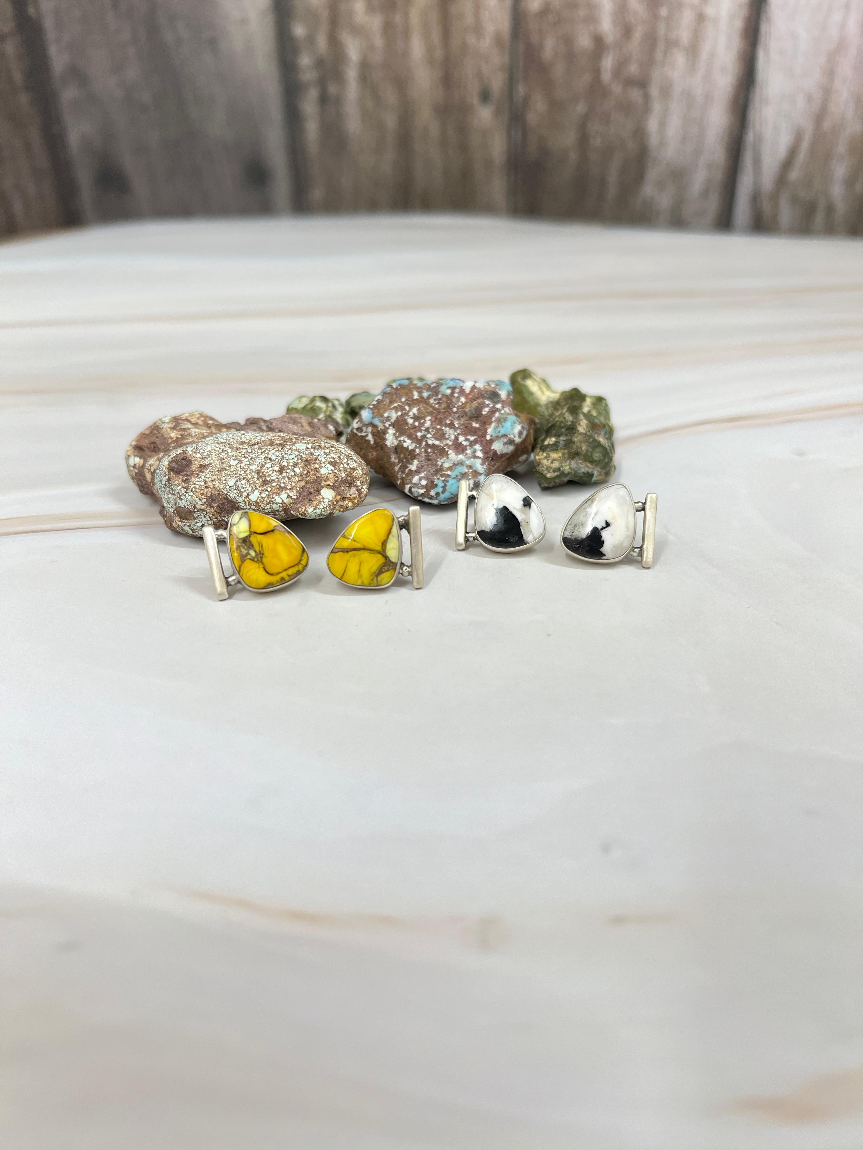 Handmade Sterling Silver Honey Dahlia, White Buffalo Turquoise Earrings with Signed Nizhoni