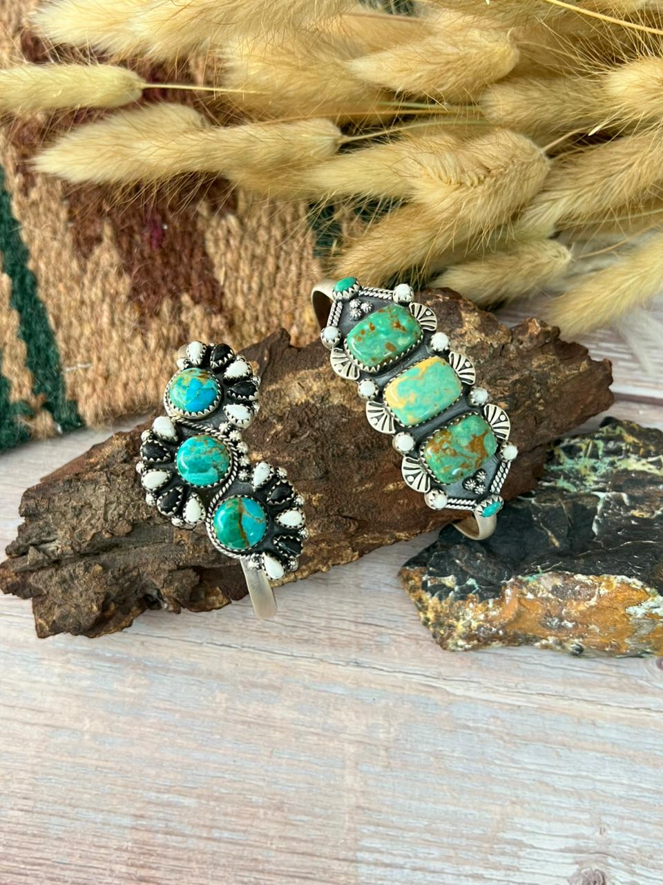 Handmade Sterling Silver Kingman and Manassa Turquoise with White Buffalo Cuff Bracelet "Signed Nizhoni"