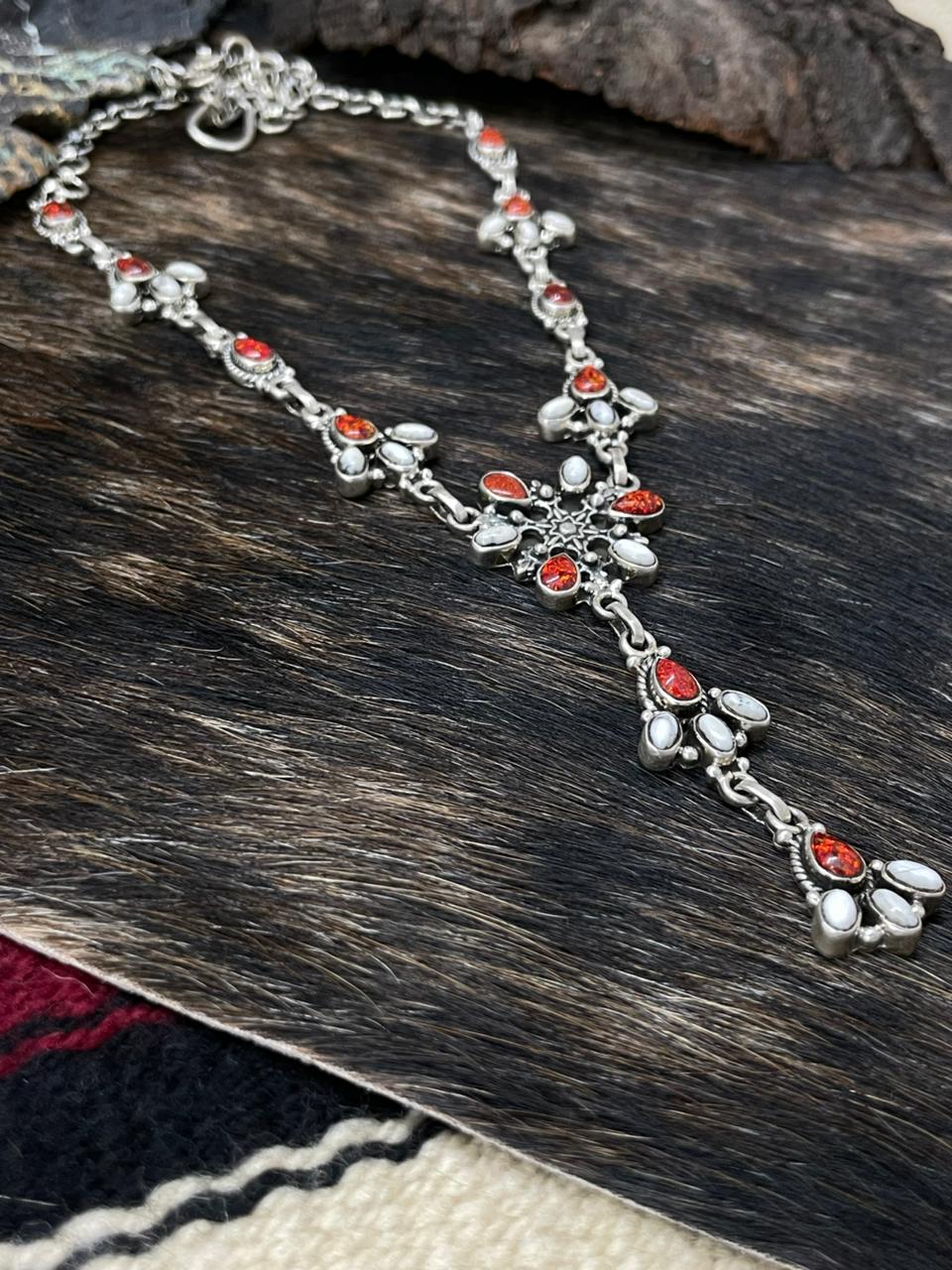 Handmade Sterling Silver White Buffalo with Red Opal Lariat Necklace "Signed Nizhoni"