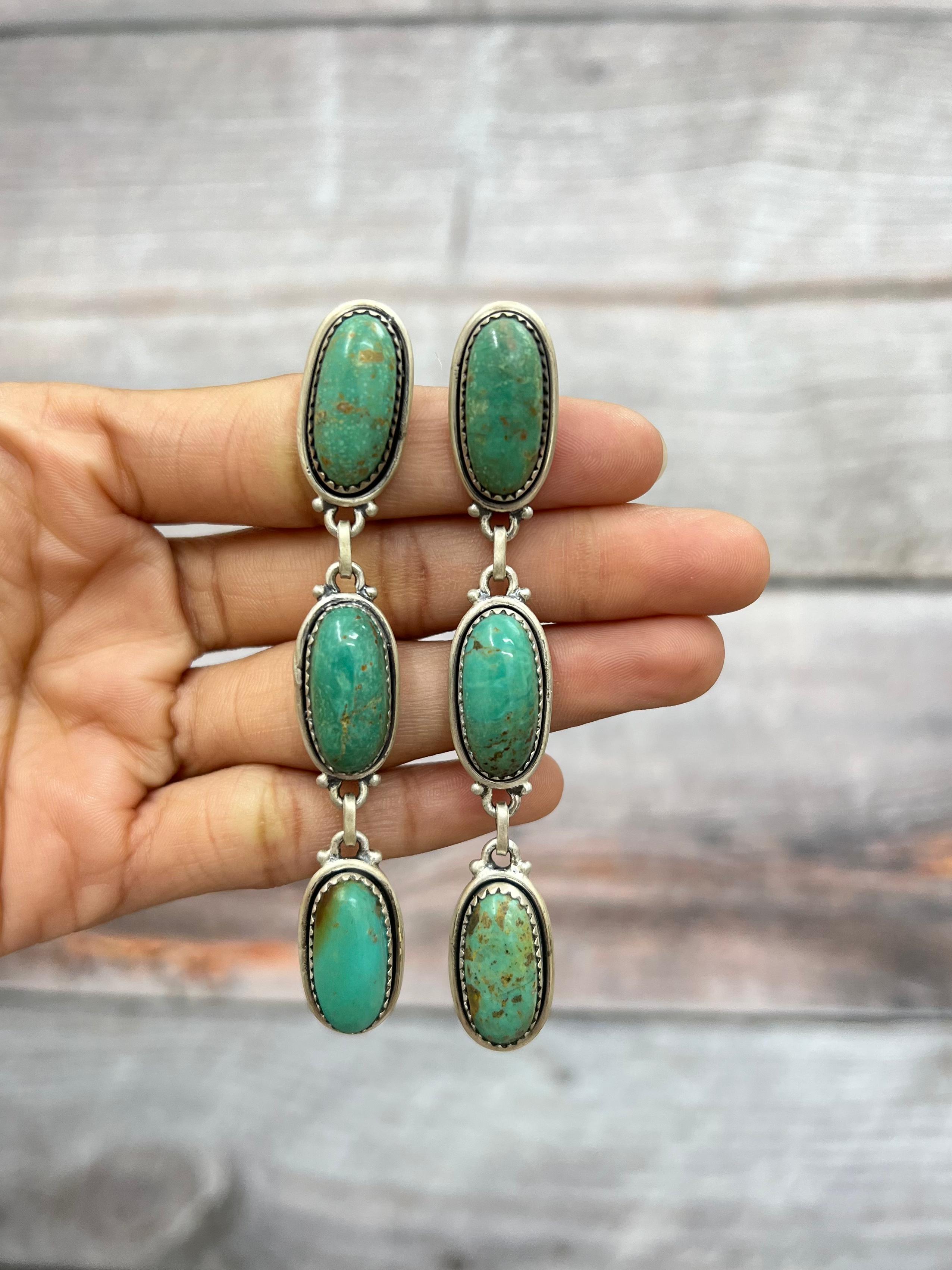 Handmade Sterling Silver Royston Turquoise Dangle Earrings with Signed Nizhoni