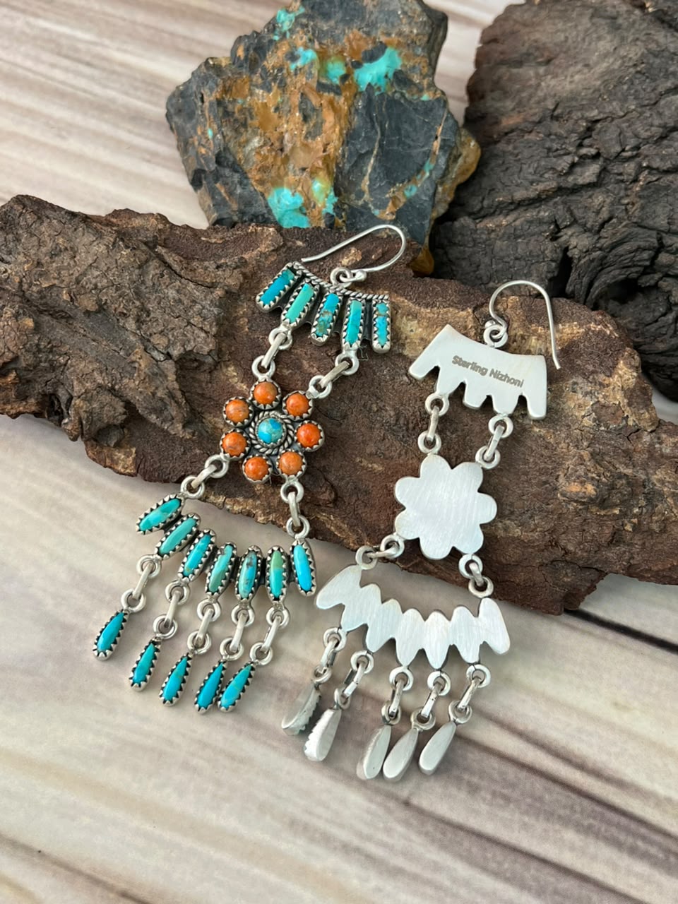 Handmade Sterling Silver Kingman Turquoise with Orange Mojave Hook Dangle Earrings Signed Nizhoni