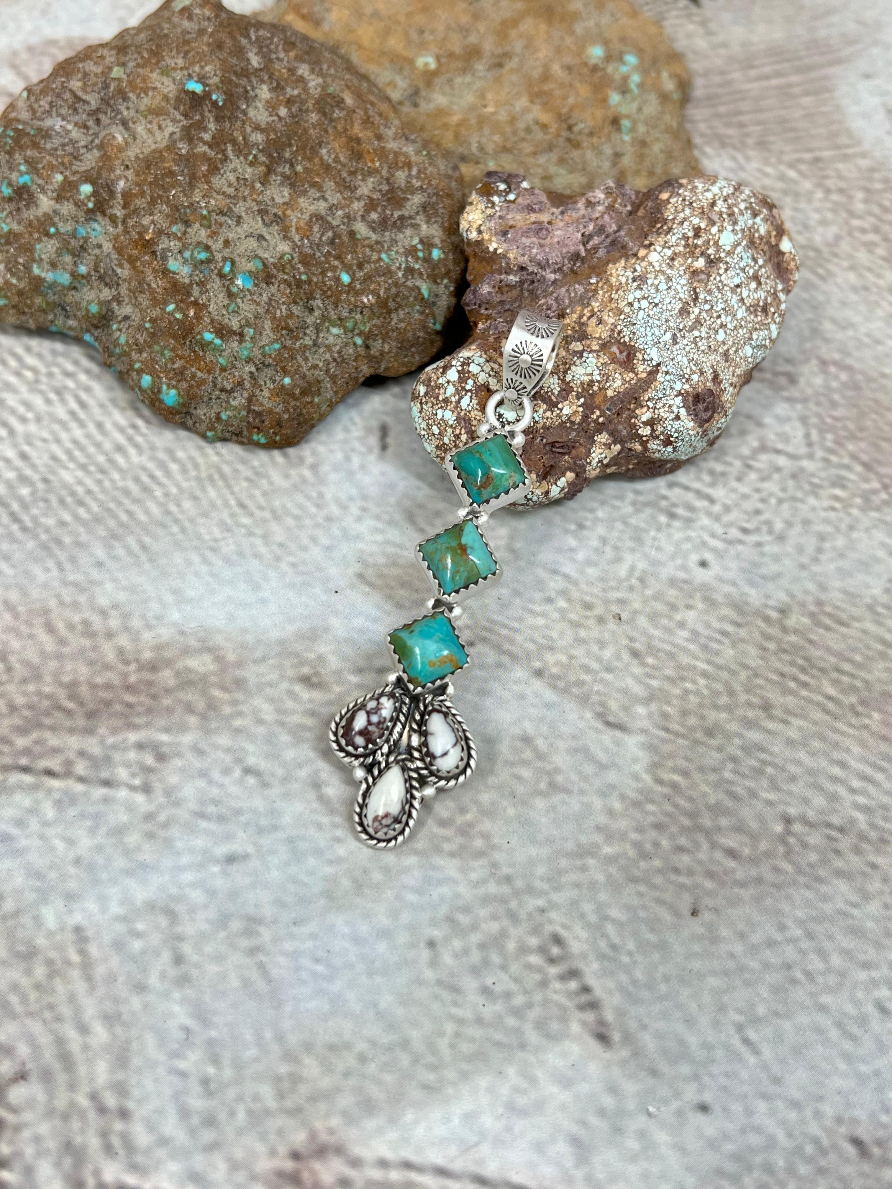 Handmade Sterling Silver Kingman Turquoise with Wild Horse Magnesite Pendant Signed Nizhoni