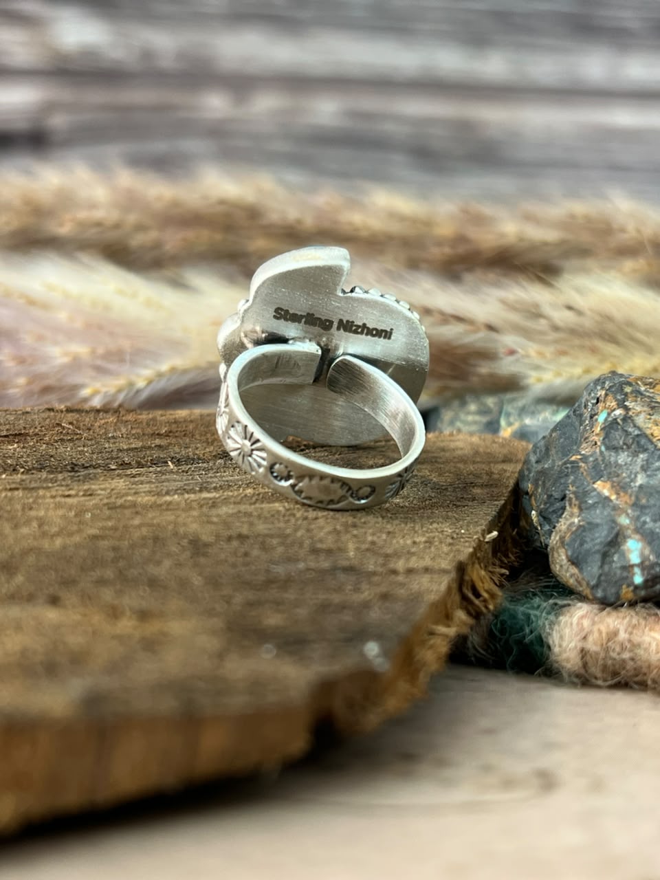 Handmade Sterling Silver Hardy Pit Collection: Adjustable Ring Signed Nizhoni
