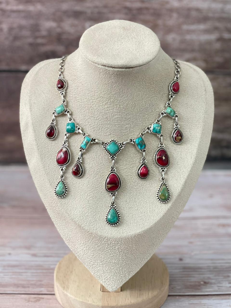 Handmade Sterling Silver Dahlia Rose with Emerald Valley Turquoise Necklace "Signed Nizhoni"