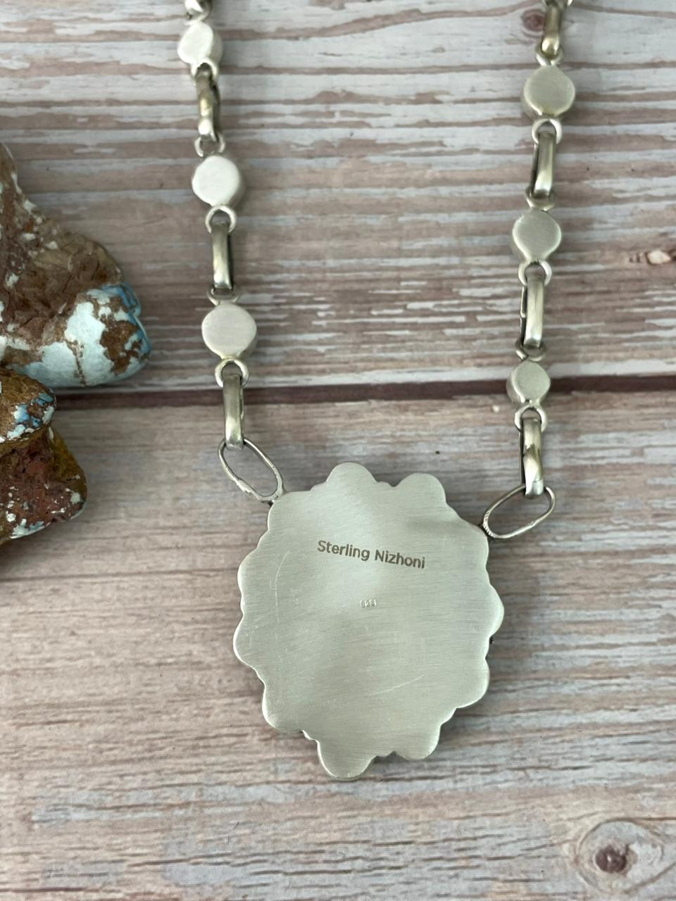 Handmade Sterling Silver Dahlia Rose with Emerald Valley Turquoise Necklace "Signed Nizhoni"