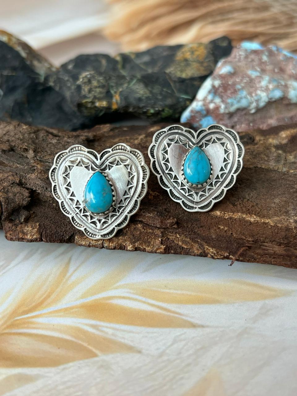 Handmade Sterling Silver Kingman Turquoise Post Heart Studs Earrings "Signed Nizhoni"