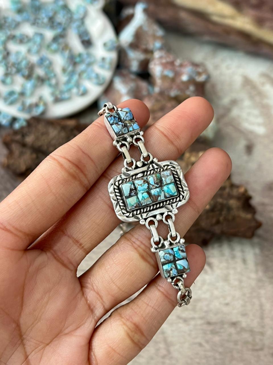 Handmade Sterling Silver Golden Hills Turquoise Cobble Collection Bracelet "Signed Nizhoni"