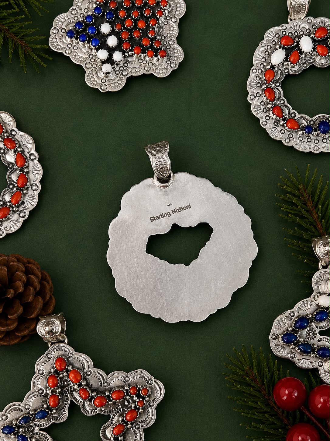Handmade Sterling Silver Lapis with Coral and White Buffalo Christmas Ornaments Collection: Pendant Signed Nizhoni (1)