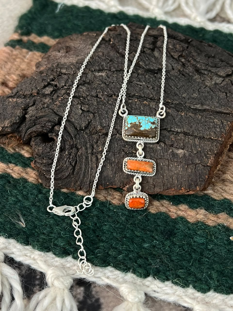 Handmade Sterling Silver Number 8 Turquoise with Orange Mojave Necklace Signed Nizhoni