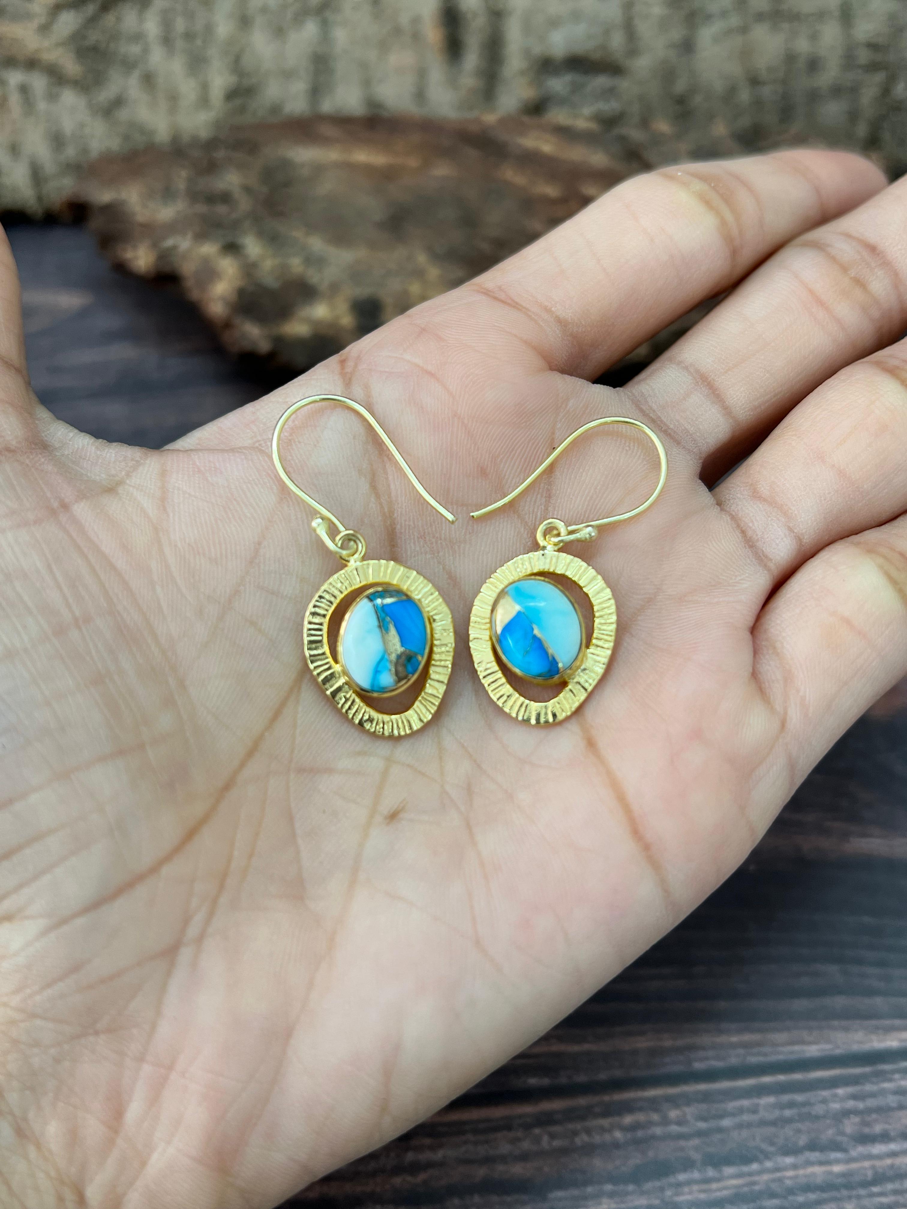 “The Golden Collection” Handmade Natural Blue Ice Dahlia Hook Dangle Earrings