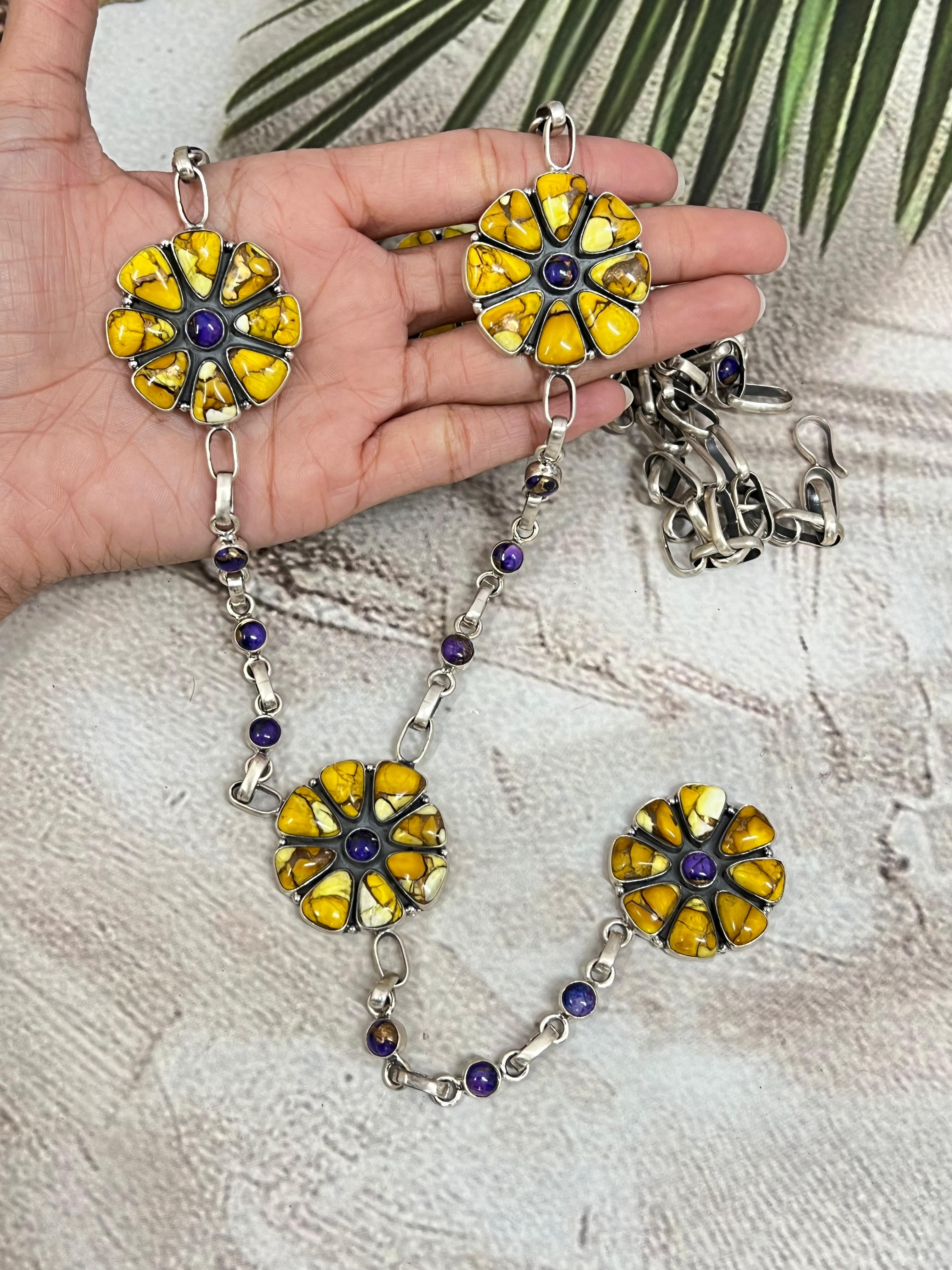 Handmade Sterling Silver Grape Dahlia, Honey Dahlia Necklace with Signed Nizhoni