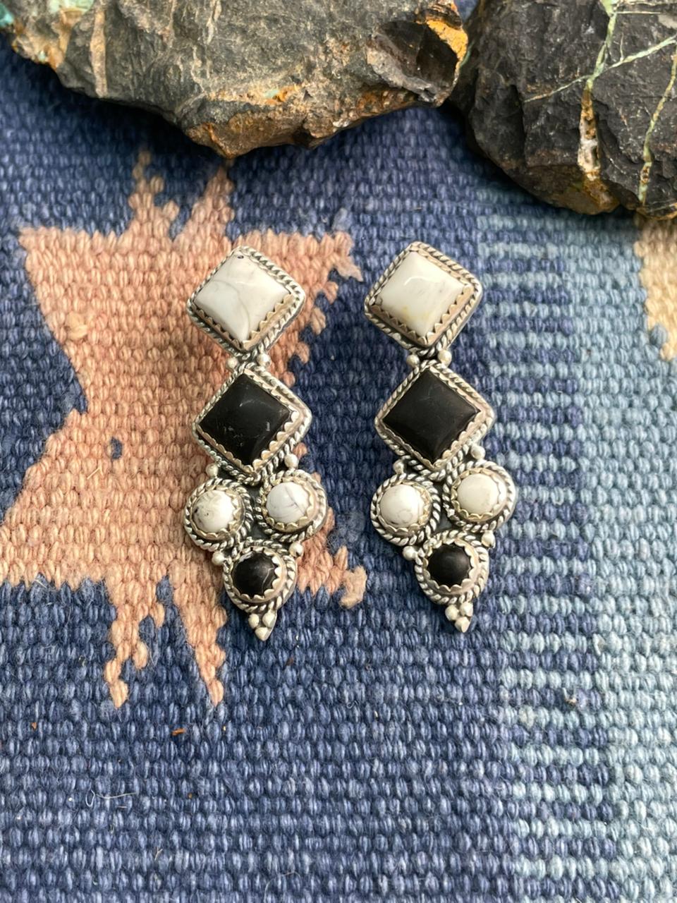 Handmade Sterling Silver White Buffalo Post Dangle Earrings "Signed Nizhoni"