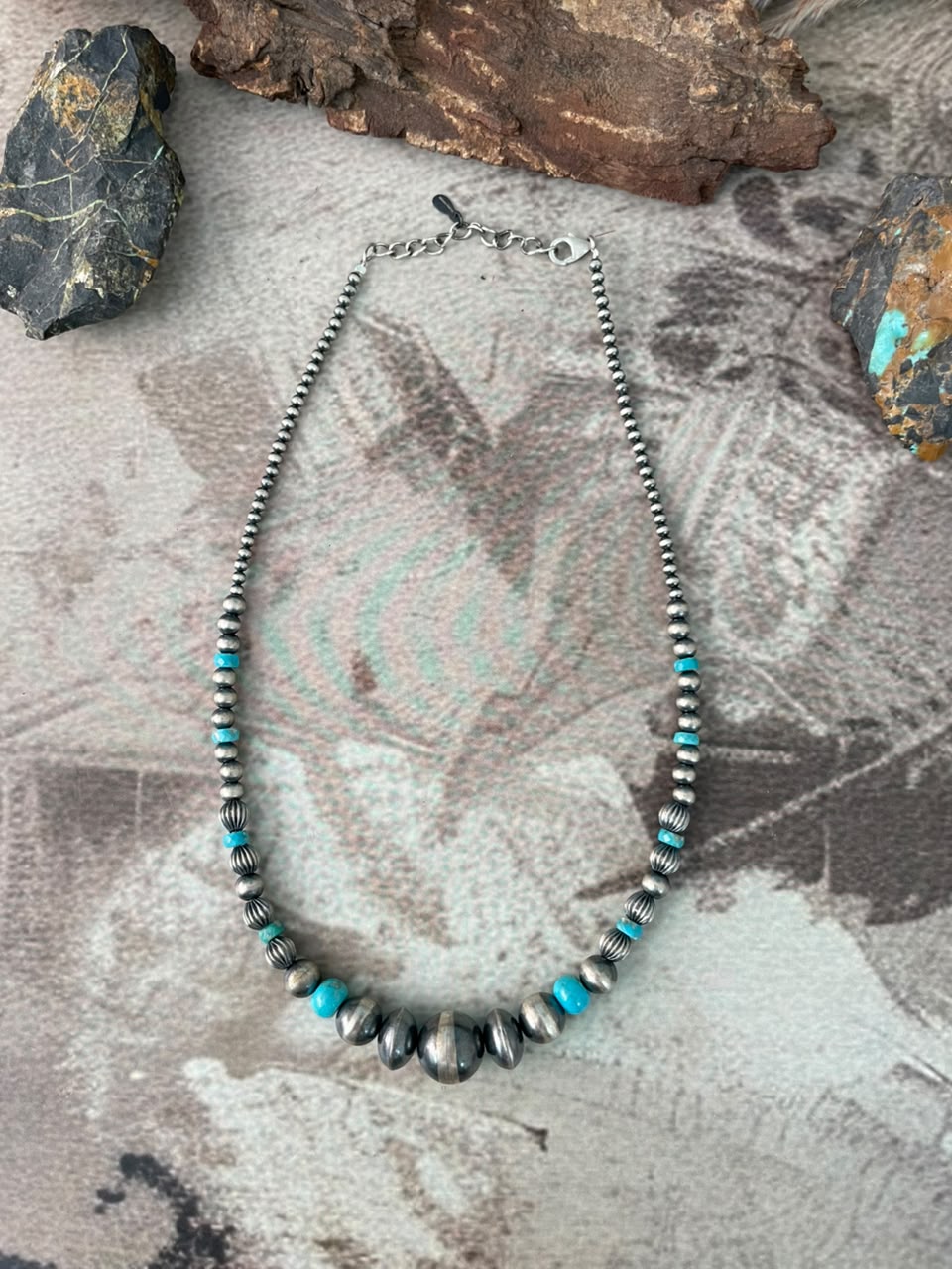 Handmade Sterling Silver Kingman Turquoise Beaded Necklace Signed Nizhoni