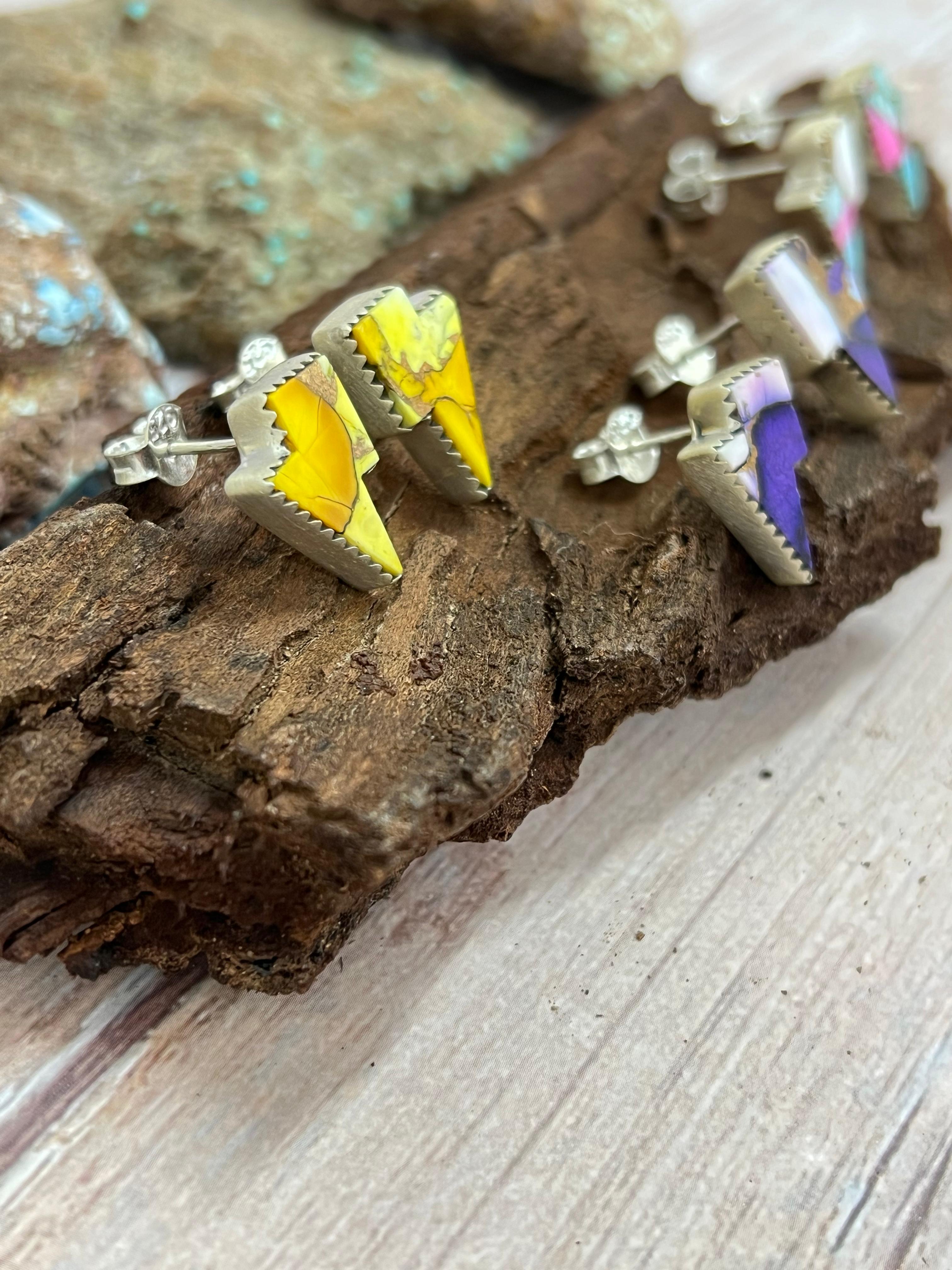 Handmade Sterling Silver Multi Stone Lightning Bolt Studs with Signed Nizhoni